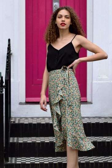 Floral ruffle wrap midi skirt sales