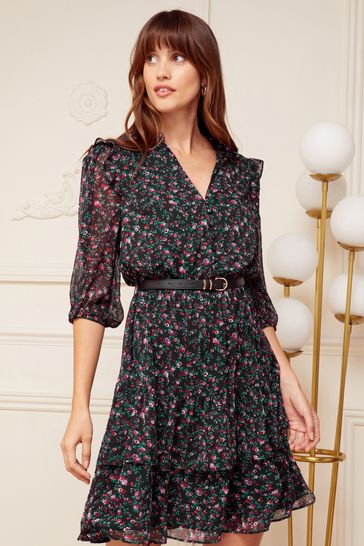 Love & Roses Black Floral Chiffon V Neck Elasticated Sleeve Belted Mini Dress