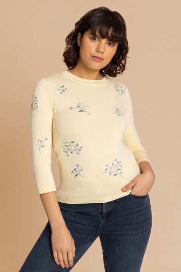Roman Yellow Floral Embroidered Crew Neck Jumper