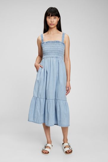 Gap Blue 100% Organic Cotton Smocked Midi Tank Dress with Washwell