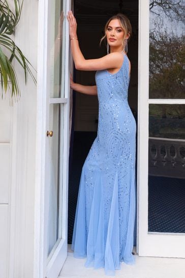Buy Sistaglam Blue Low Back Embellished Maxi Dress from Next