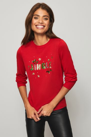 Lipsy Red Red Regular Christmas Crew Neck Knitted Jumper