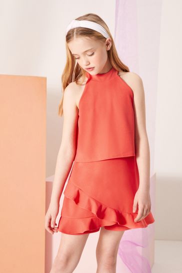 Lipsy Coral Orange Frill Skirt Playsuit