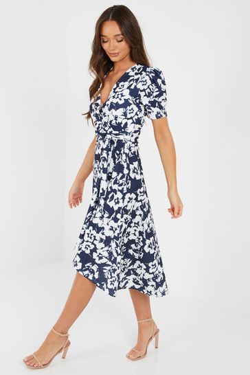 Navy floral dip hem dress clearance