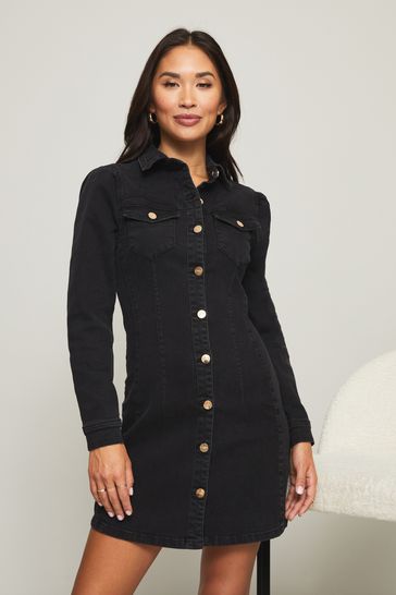 Lipsy Black Puff Sleeve Seamed Denim Dress