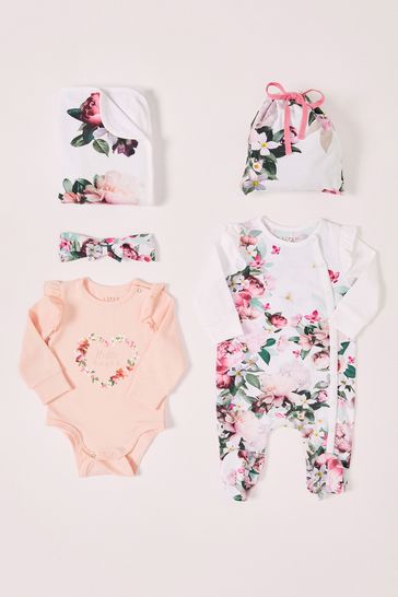 Lipsy White Floral Baby 5 Piece Sleepsuit, Bodysuit, Headband, Blanket and Bag Set