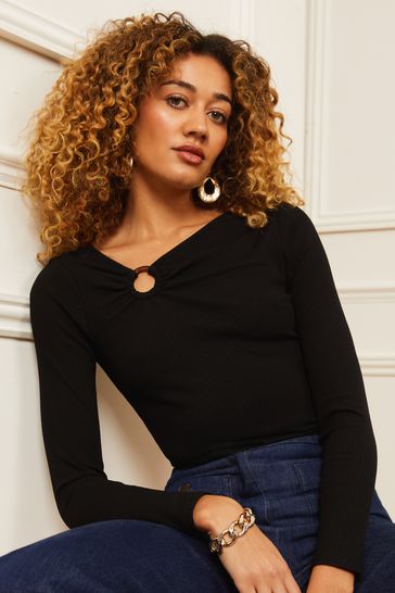 Love & Roses Black Ring Detail Asymmetric Neck Long Sleeve Ribbed Jersey Top
