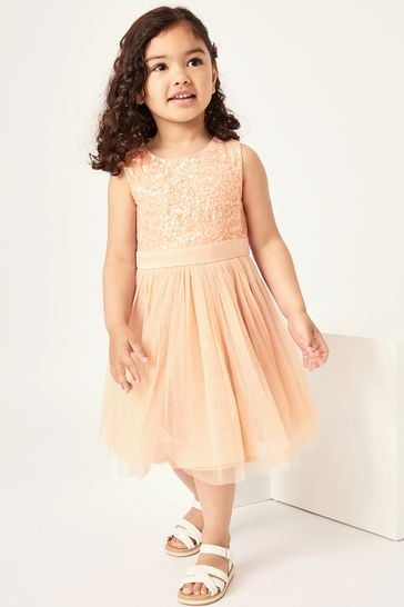Maya Coral Pink Delicate Sequin Sleeveless Party Dress With Satin Bow - Girls