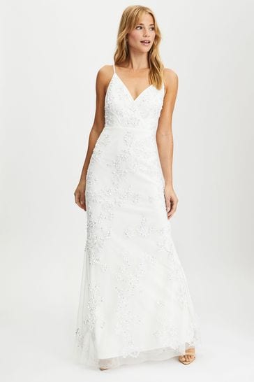 Maya White Premium Floral Embellished Cami Bridal Maxi Dress