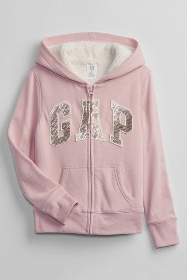 Gap Baby Pink Sherpa-Lined Zip Up Logo Hoodie