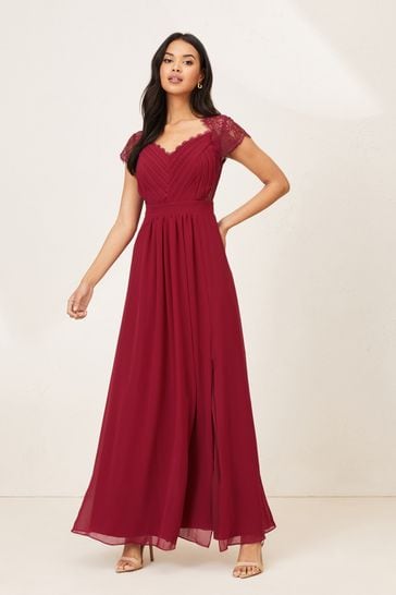 Lipsy Berry Red Bridesmaid Lace Sleeve Maxi Dress
