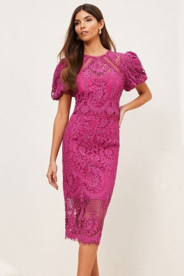 Lipsy Pink Short Sleeve Lace Midi Dress