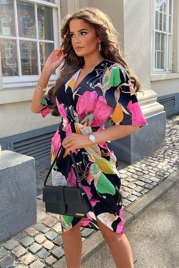 Girl In Mind Black Pink Floral Chelsea Short Sleeve Wrap Midi Dress