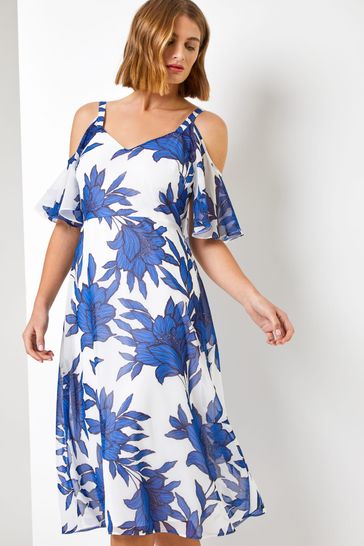 Roman Blue Linear Floral Print Cold Shoulder Dress