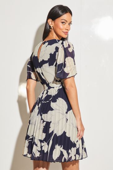 Lipsy Navy Blue Floral Short Flutter Sleeve Pleated Mini Dress