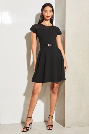 Buy Lipsy Black Mesh Yolk Belted Skater Mini Dress from Next