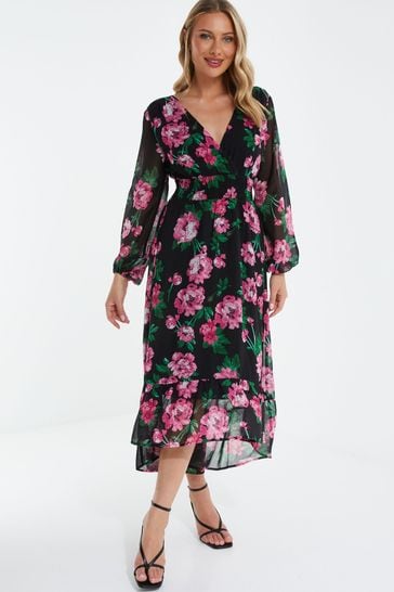 Quiz Black & Pink Floral Chiffon Midi Dress With Long Sleeve and Shirred Waist