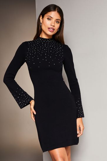 Lipsy Black Long Sleeve Ombre Hot Fix Knitted Dress