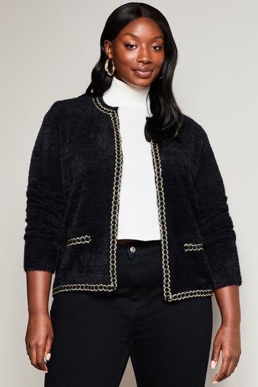 Lipsy Black Curve Crew Neck Button Through Eyelash Faux Fur Cardigan