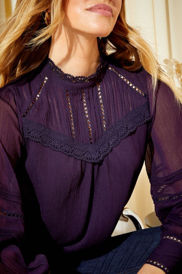 Friends Like These Plum Purple Long Sleeve Lace High Neck Victorianna Blouse