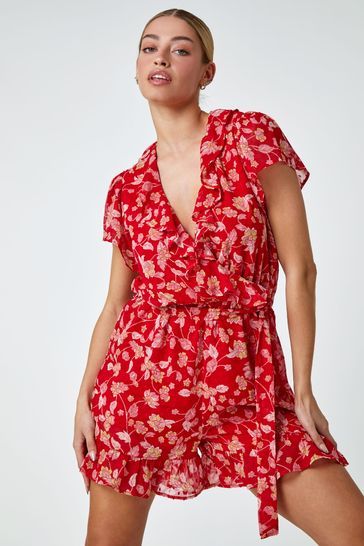 Buy Dusk Red Floral Frill Wrap Playsuit from Next Luxembourg