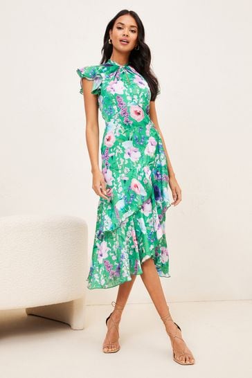 Lipsy Green Print Regular Printed Keyhole Fit and Flare Midi Dress