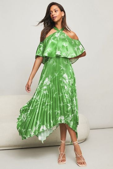 Lipsy Green Pleated Printed Cold Shoulder Hanky Hem Midi Dress