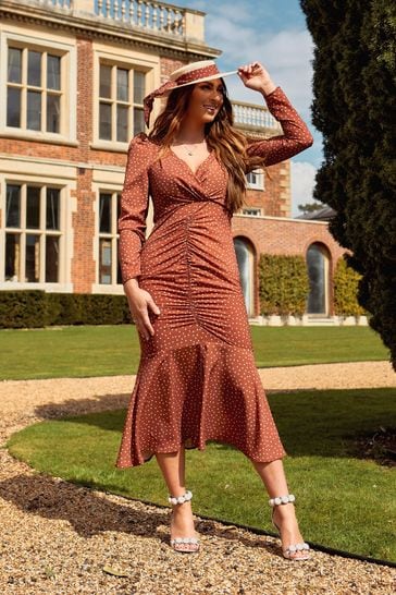 Brown ruched midi dress on sale