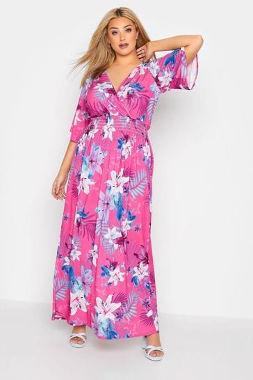 Yours Curve Pink London Tropical Wrap Shirred Waist Maxi Dress