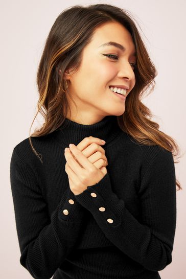 Button Cuff Roll Neck Jumper 