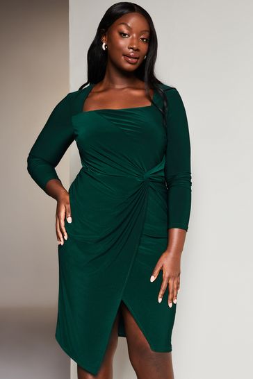 Lipsy Green Curve Long Sleeve Ruched Knot Jersey Midi Dress With Split