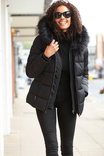 Sosandar Black Faux Fur Trim Luxe, Hooded Puffer Coat With Faux Fur Trim Belt In Black Dress