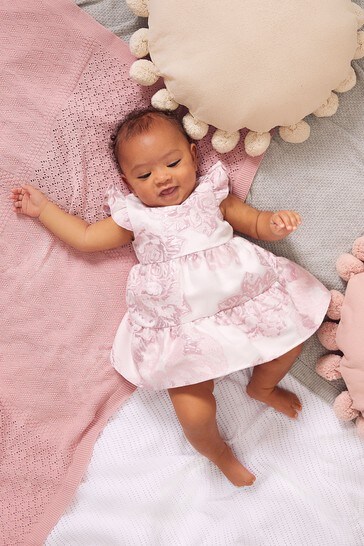 Lipsy Pink Baby Tiered Jacqard Dress With Matching Knicker
