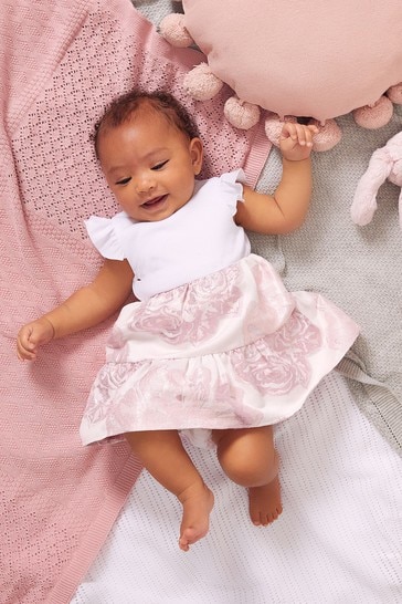 Lipsy Pink and White Baby Tiered Jacqard Dress With Matching Knicker