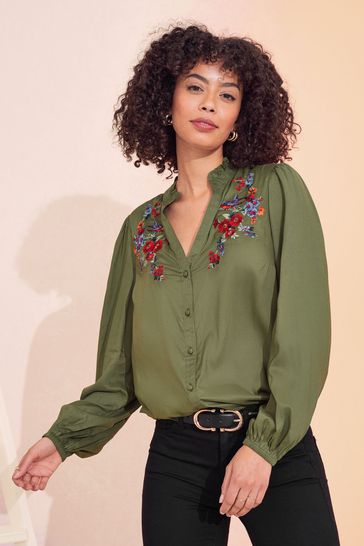 Love & Roses Khaki Embroidery Pie Crust Blouse