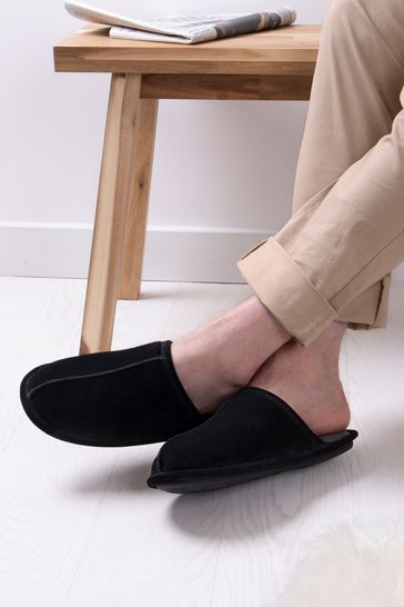 Totes Black Isotoner Mens Real Suede Mule Slippers