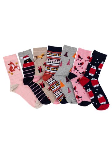 Totes Grey Christmas 7 Pack Christmas Ankle Socks
