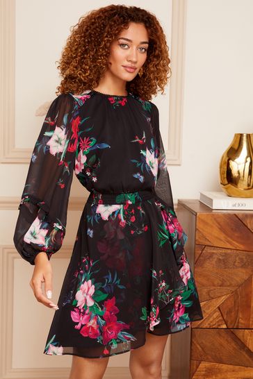 V&A | Love & Roses Black Printed Ruffle Long Sleeve Skater Dress