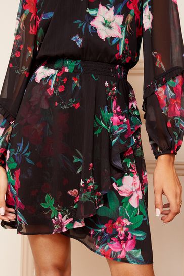 Buy Love Roses Black Printed Ruffle Long Sleeve Skater Dress