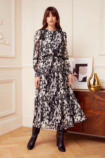 Black printed belted dress store