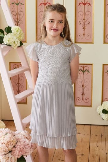 Love & Roses Grey Lace Bodice and Pleated Chiffon Bridesmaid Dress