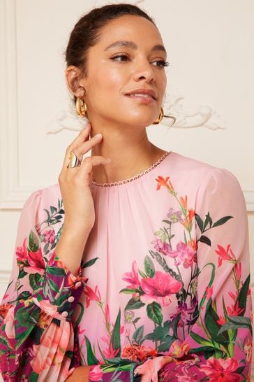 Buy Love & Roses Pink Printed Ruched High Neck Long Sleeve Chiffon Blouse  from Next Luxembourg