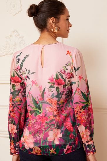 Buy Pink - Love & Roses Printed Ruched High Neck Long Sleeve