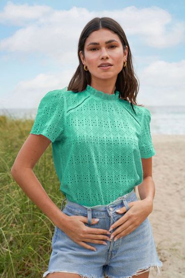 Lipsy Green Broderie Front T-Shirt
