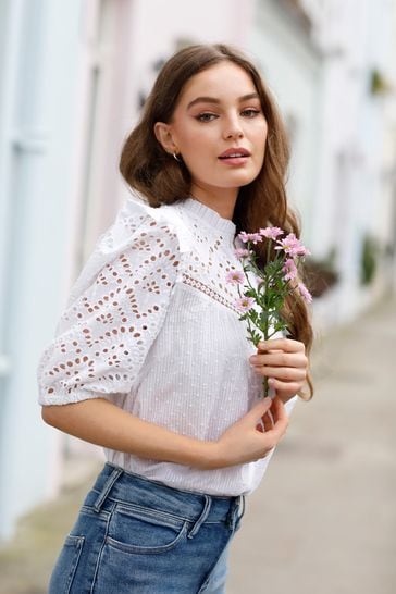 Buy Love Roses White Broderie Frill Neck Blouse from Next Austria