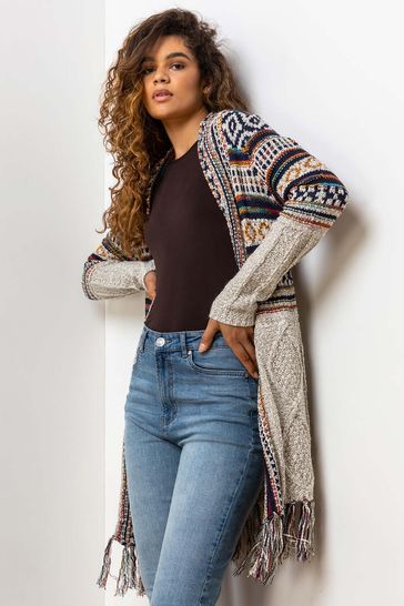 Roman Aztec Print Fringed Hem Cardigan 