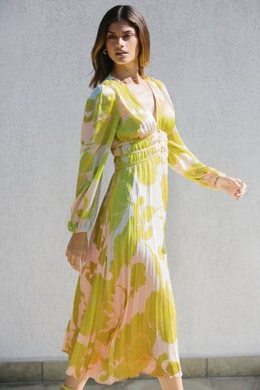 Lipsy Lime Floral Petite Long Sleeve Pleated V Neck Channel Waist Midi Dress