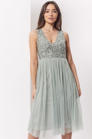 Maya Sage Green V Neck Sleeveless Sequin Midi Dress