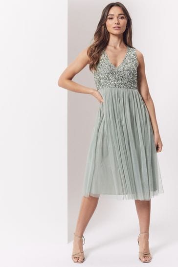 Buy Maya Sage Green V Neck Sleeveless Sequin Midi Dress from Next
