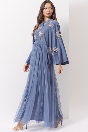 Maya Blue Modest Cape Sleeve Embellished Maxi Dress